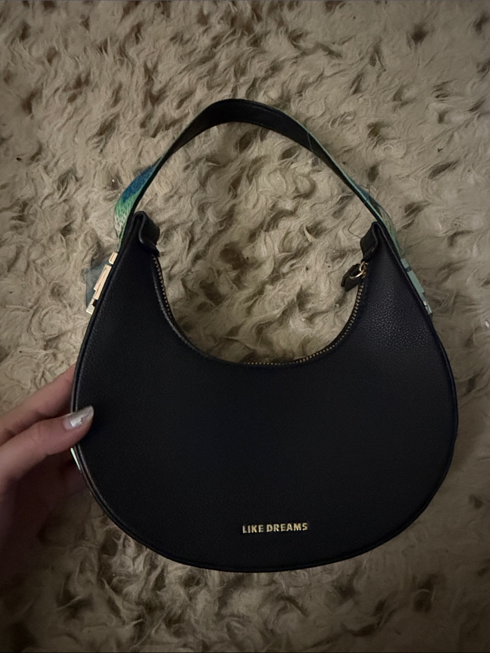 Black Crescent Shoulder Bag with Color-Accent Strap